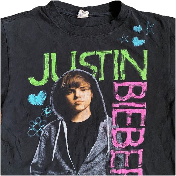 Justin Bieber Hearts Stars Black T Shirt Small Y2K Band Pop - Picture 1 of 6